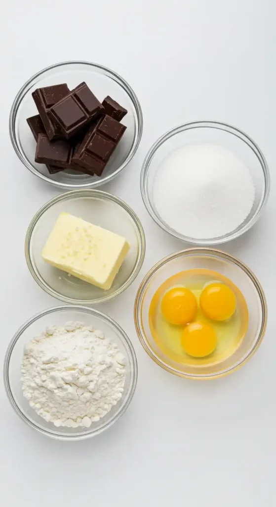 Ingrédients disposés dans des bols en verre pour préparer un fondant au chocolat Nestlé : chocolat noir en morceaux, sucre blanc, beurre, trois œufs et farine.