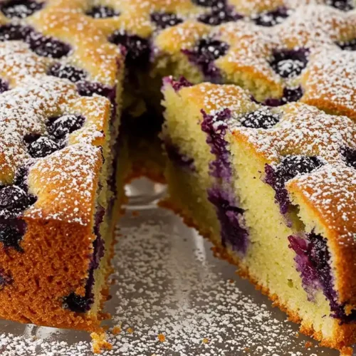 Délicieux gateau aux bleuets, saupoudré de sucre glace, présenté sur un élégant présentoir. Une part a été coupée, révélant la texture moelleuse et les bleuets juteux.