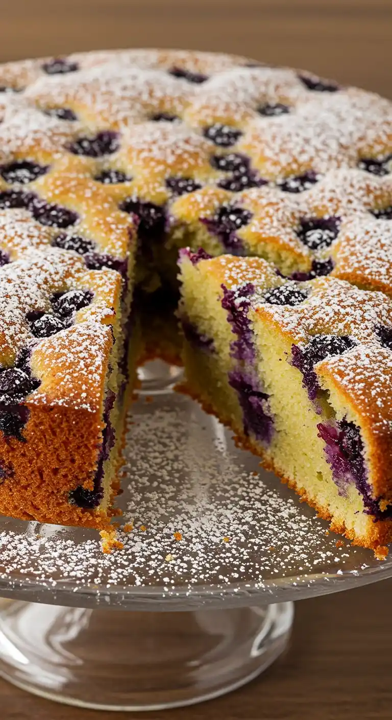 Délicieux gateau aux bleuets, saupoudré de sucre glace, présenté sur un élégant présentoir. Une part a été coupée, révélant la texture moelleuse et les bleuets juteux.