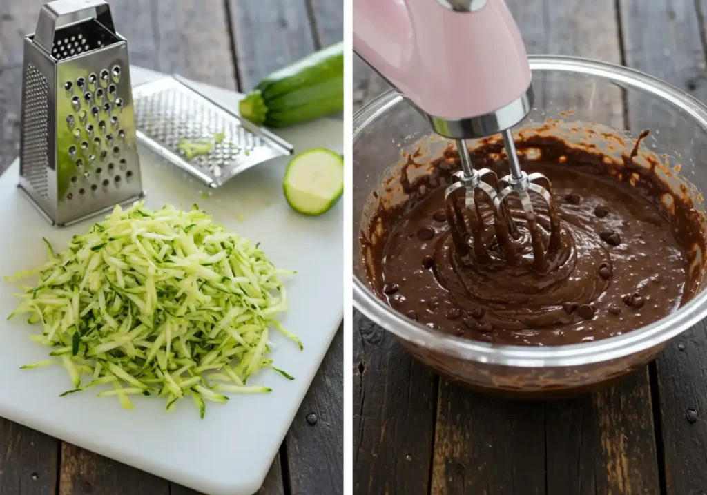 Préparation d'un gâteau courgette : à gauche, courgettes râpées à l'aide d'une râpe ; à droite, mélange de la pâte au chocolat avec des pépites de chocolat à l'aide d'un batteur électrique.