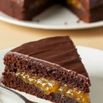 Un morceau de Sachertorte délicieuse, avec son glaçage au chocolat brillant et sa garniture à la confiture d'abricots, présenté sur une assiette blanche à côté d'une fourchette en argent. En arrière-plan, on aperçoit le reste du gâteau, appétissant et prêt à être dégusté.