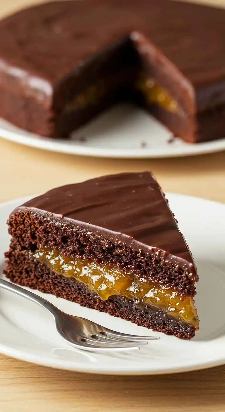 Un morceau de Sachertorte délicieuse, avec son glaçage au chocolat brillant et sa garniture à la confiture d'abricots, présenté sur une assiette blanche à côté d'une fourchette en argent. En arrière-plan, on aperçoit le reste du gâteau, appétissant et prêt à être dégusté.