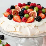 Une somptueuse pavlova recette, garnie d'une généreuse crème fouettée et d'un assortiment coloré de fruits frais : fraises, framboises, mûres, figues, myrtilles et groseilles à maquereau. Le dessert est présenté sur un élégant présentoir en verre, avec quelques fruits éparpillés autour, invitant à la dégustation