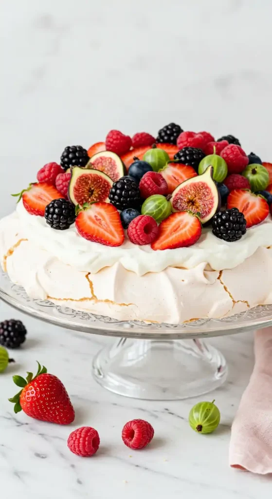 Une somptueuse pavlova recette, garnie d'une généreuse crème fouettée et d'un assortiment coloré de fruits frais : fraises, framboises, mûres, figues, myrtilles et groseilles à maquereau. Le dessert est présenté sur un élégant présentoir en verre, avec quelques fruits éparpillés autour, invitant à la dégustation