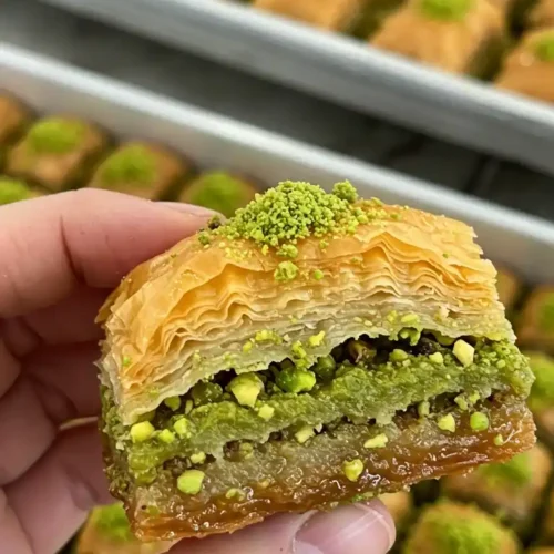 Un délicieux baklava, richement garni de pistaches, est tenu à la main, montrant les couches croustillantes de pâte filo et le sirop brillant. Un plateau rempli d'autres baklavas, préparés selon la recette des baklava, est visible en arrière-plan.