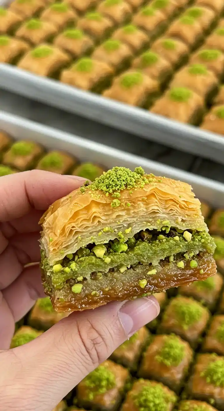 Un délicieux baklava, richement garni de pistaches, est tenu à la main, montrant les couches croustillantes de pâte filo et le sirop brillant. Un plateau rempli d'autres baklavas, préparés selon la recette des baklava, est visible en arrière-plan.