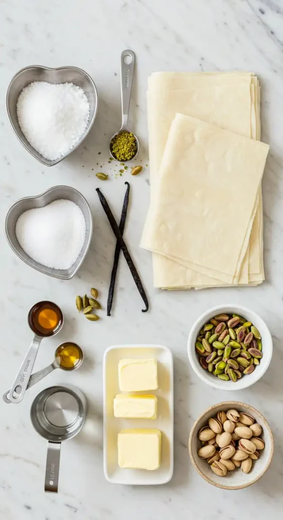 Vue de dessus des ingrédients pour la recette des baklava disposés sur un fond en marbre blanc. On y voit deux moules en forme de cœur remplis de sucre, une pile de feuilles de filo, des gousses de vanille, des pistaches décortiquées et avec leur coquille, du beurre, du miel mesuré dans des cuillères à mesurer, et des épices.