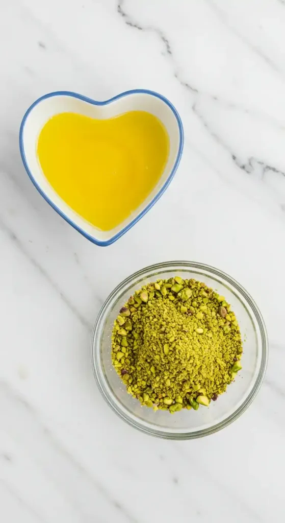 Gros plan sur deux ingrédients clés pour la recette des baklava : du beurre fondu dans un ramequin en forme de cœur, et des pistaches moulues dans un bol en verre. Le fond est une surface en marbre blanc