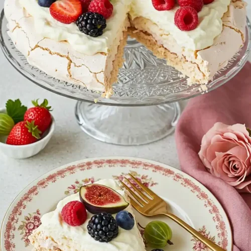 Une délicieuse pavlova recette décorée de fruits frais (fraises, framboises, mûres, figues, myrtilles et groseilles à maquereau) est présentée sur un présentoir à gâteau en verre. Une part coupée est visible, et une autre part se trouve sur une assiette à motifs floraux, accompagnée d'une fourchette dorée. Une serviette en lin rose et une rose complètent la présentation gourmande.