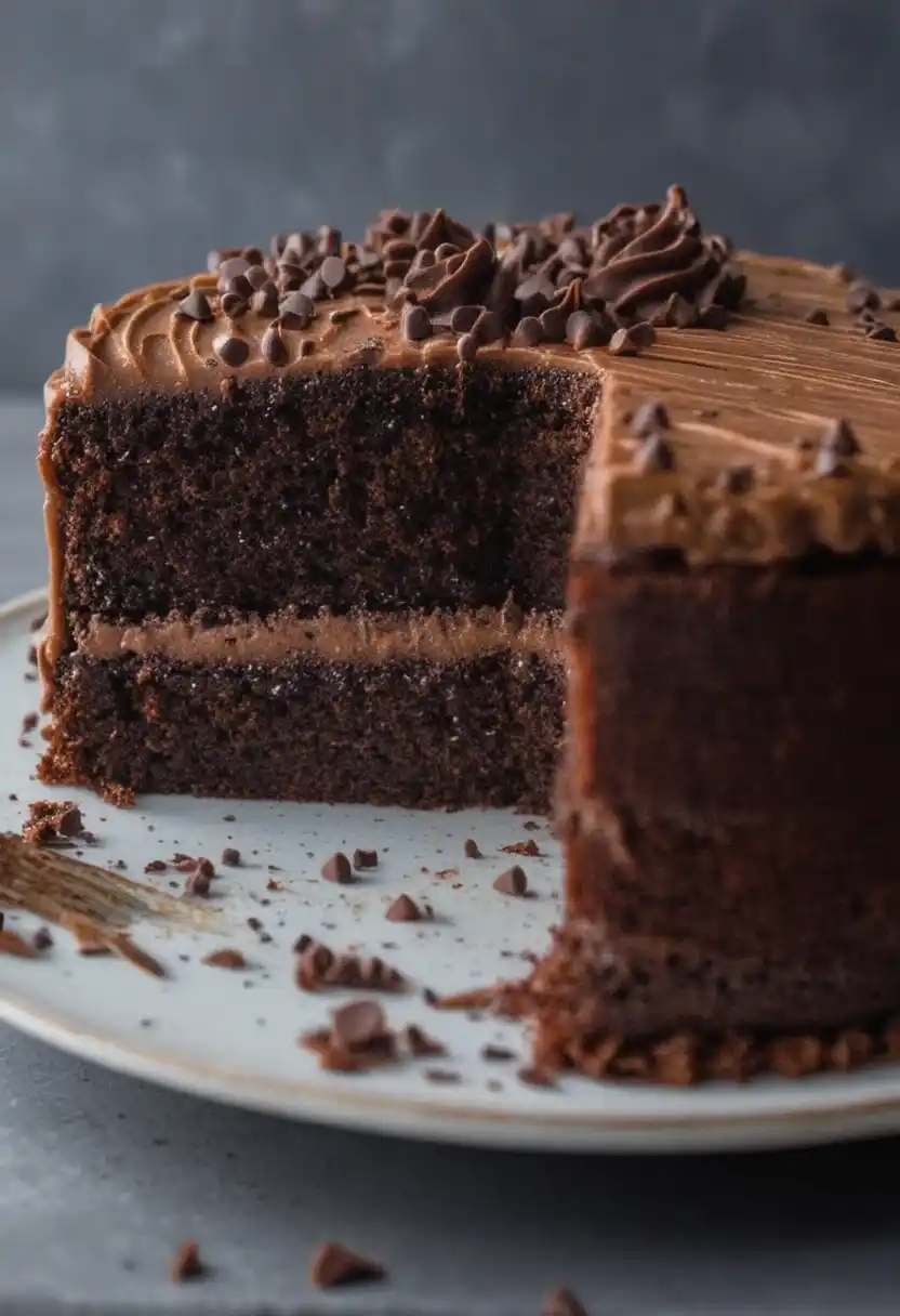 Délicieux gâteau courgette au chocolat à étages, nappé d'un glaçage riche et parsemé de pépites de chocolat. Une part a été coupée, révélant la texture moelleuse et les saveurs chocolatées de ce dessert surprenant.