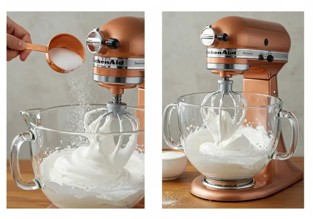 Deux étapes de la préparation d'une pavlova recette sont illustrées. À gauche, un batteur sur socle KitchenAid de couleur bronze mélange des blancs d'œufs en neige, tandis qu'une main ajoute du sucre. À droite, la meringue est en cours de réalisation dans le même batteur, prête pour la cuisson