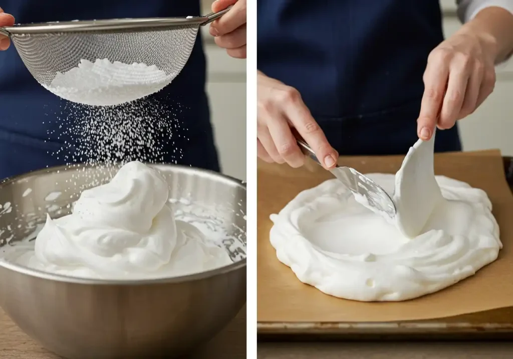 Étapes de la préparation d'une pavlova recette : à gauche, la fécule de maïs est délicatement tamisée sur les blancs d'œufs montés en neige dans un saladier en inox. À droite, la meringue est façonnée sur une plaque de cuisson recouverte de papier sulfurisé, prête à être enfournée